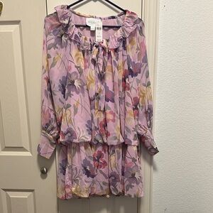 Floral Ruffle Tie-Neck Mini Dress - Pink Multi